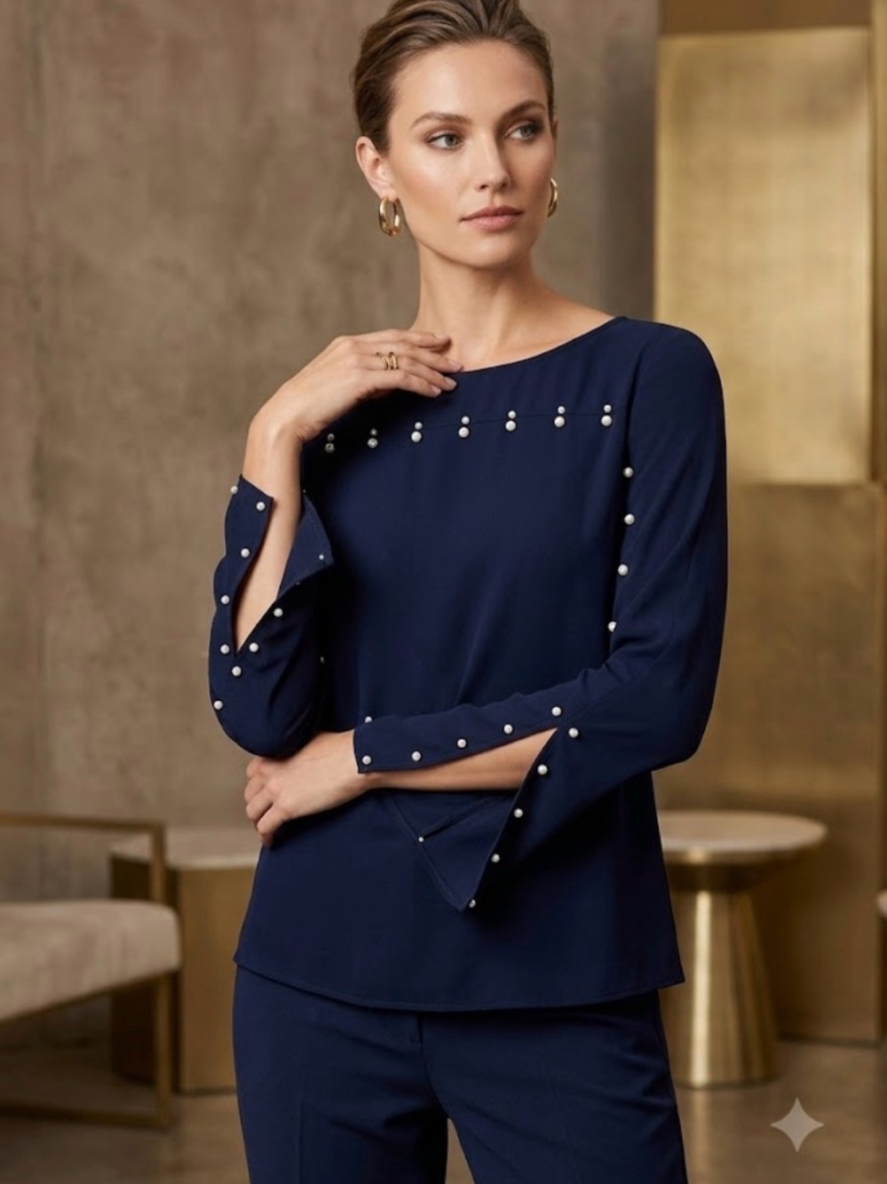 Joseph Ribkoff Navy Pearl-Trim Long Sleeve Top